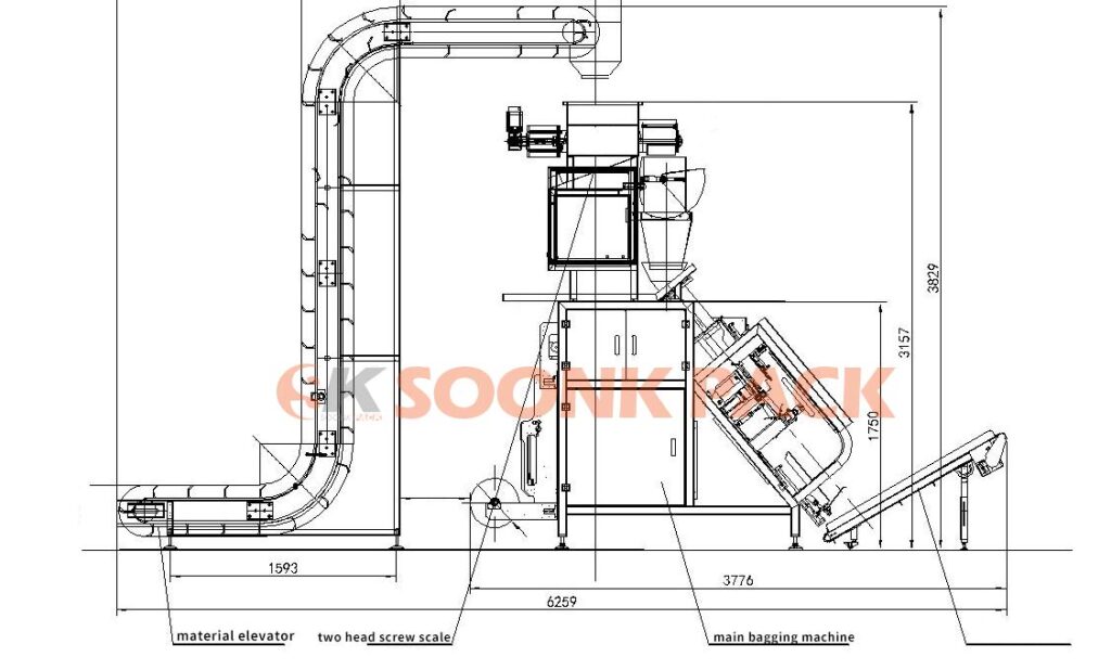 Dimensional drawings for a 5–10 kg fully automatic vertical bagging machine for ice cubes Dimensional drawings for a 5–10 kg fully automatic vertical bagging machine for ice cubes