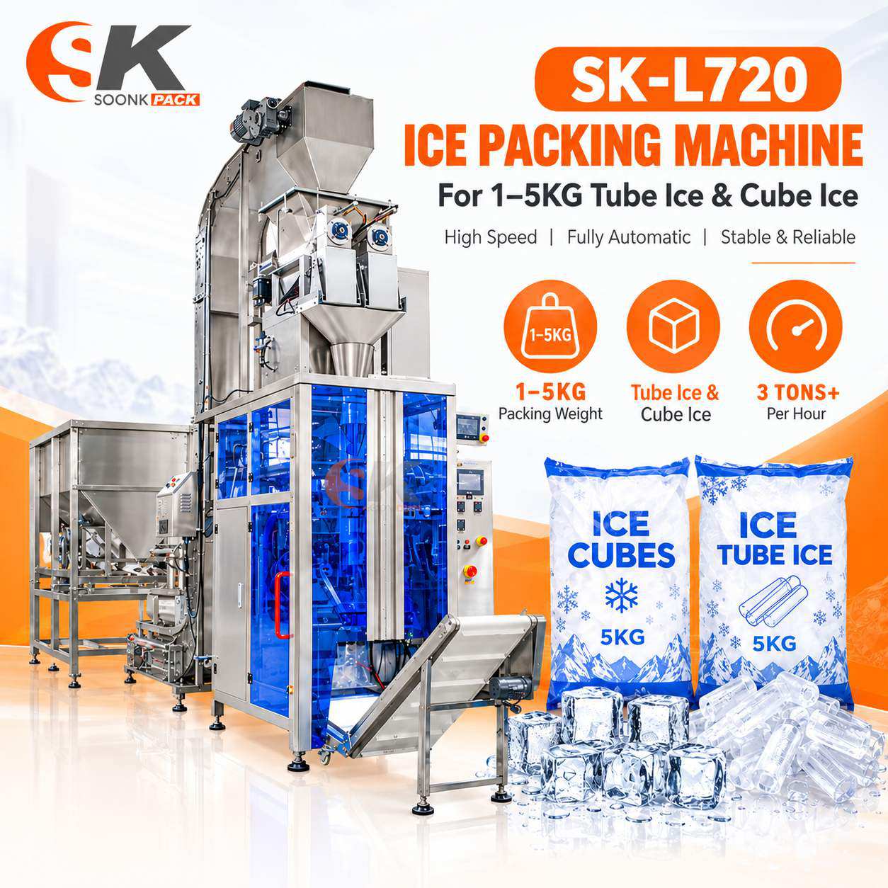 Automatic Ice Weighing & Packaging Machine for 1–5 kg Ice Bags Automatic Ice Weighing & Packaging Machine for 1–5 kg Ice Bags