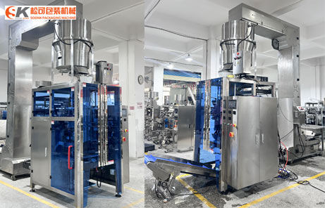 Images of a fully automatic 5kg rotary ice packing machine at the Soonkpack factory.