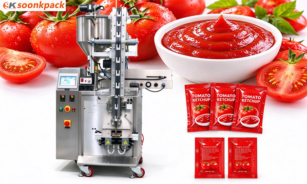 Automatic Tomato Ketchup Sachet Packaging Machine: Pneumatic Dosing Solution for 3-Side Seal Pouches