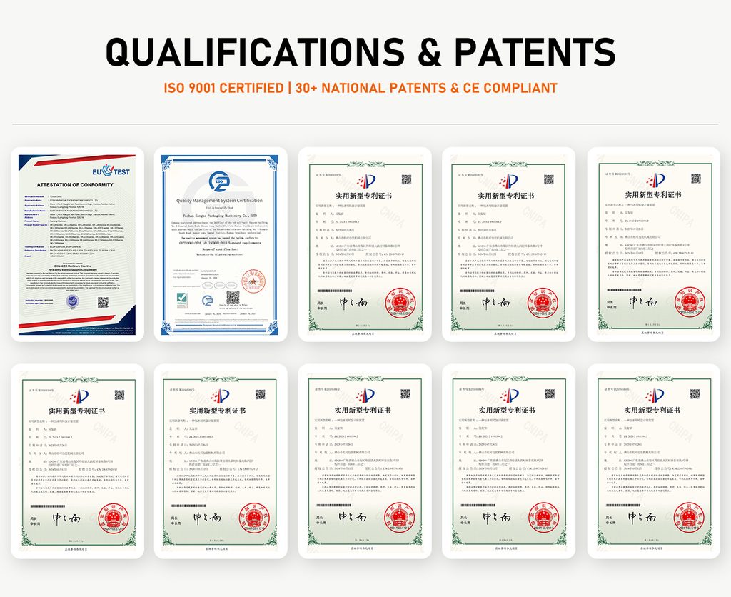 Display of ISO, CE, and other certificates for Foshan Songke Packaging Machinery Co., Ltd.